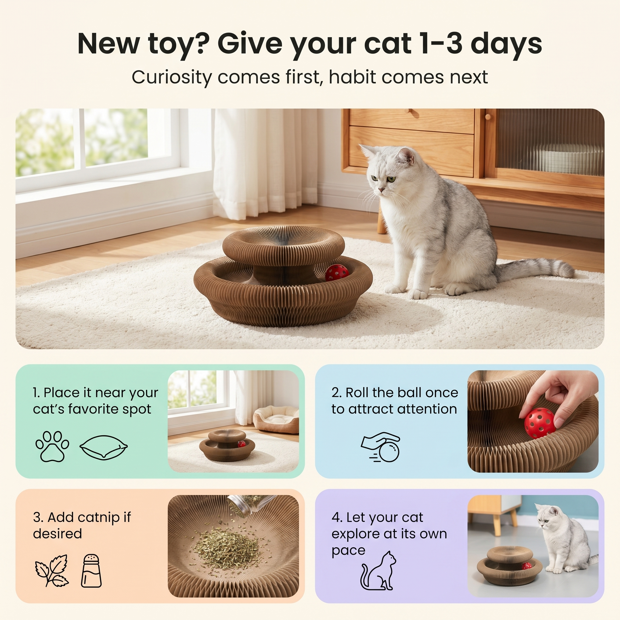 Orbit Board – Griffoir 3-en-1 + Jouet balle + Nid douillet pour chat