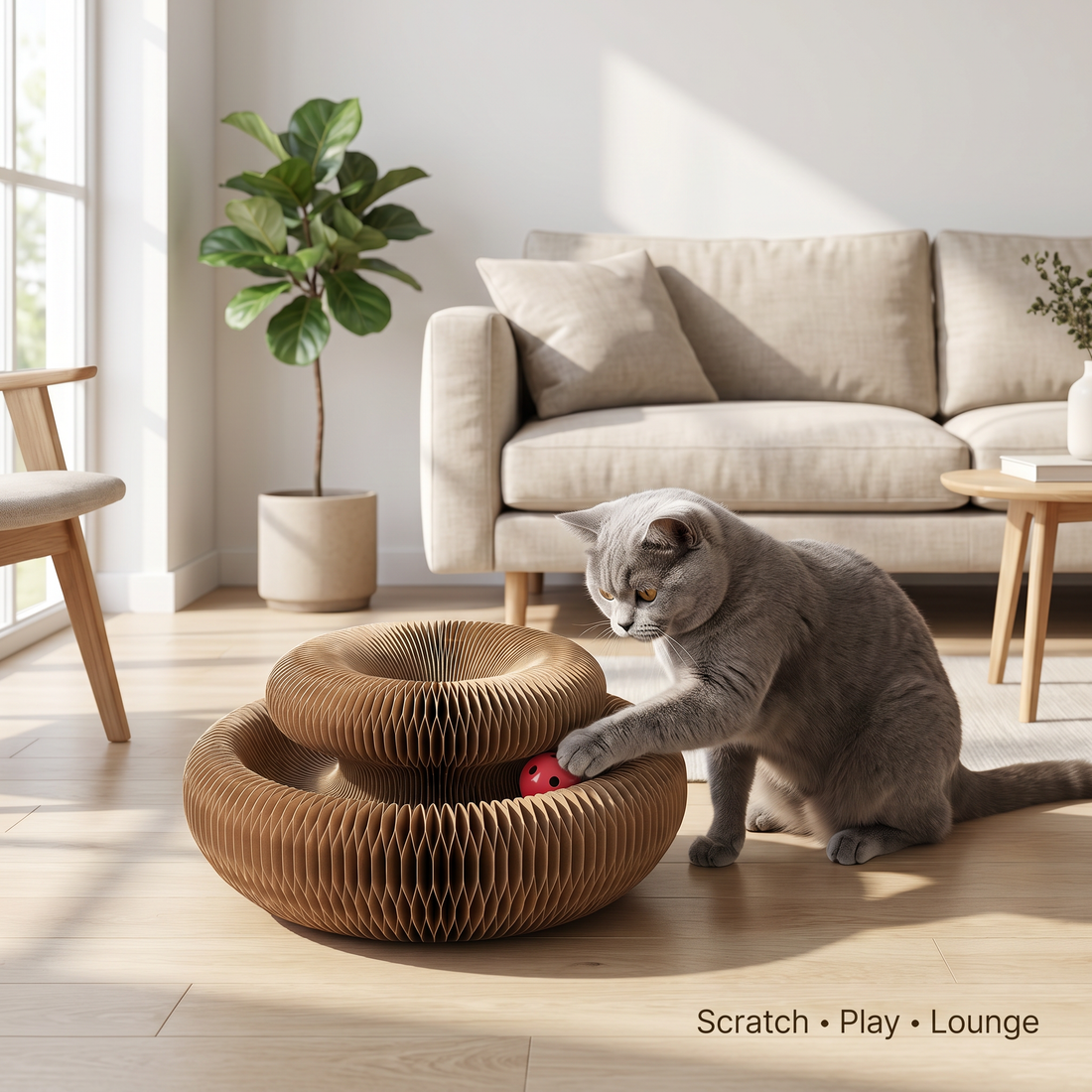 Orbit Board – Griffoir 3-en-1 + Jouet balle + Nid douillet pour chat